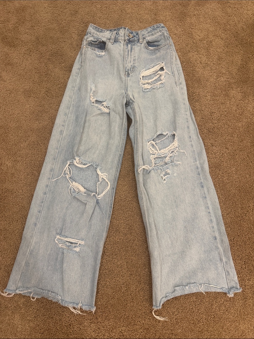 High-Rise Light Blue Distressed Wide-Leg Jeans